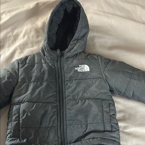 The North Face Gray Puffer Jacket with Hood and Insulation